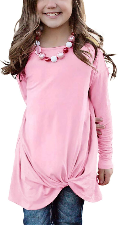 Girls Casual Tunic Tops Knot Front Long Sleeve Loose Soft Blouse T-Shirt Size 4-13
